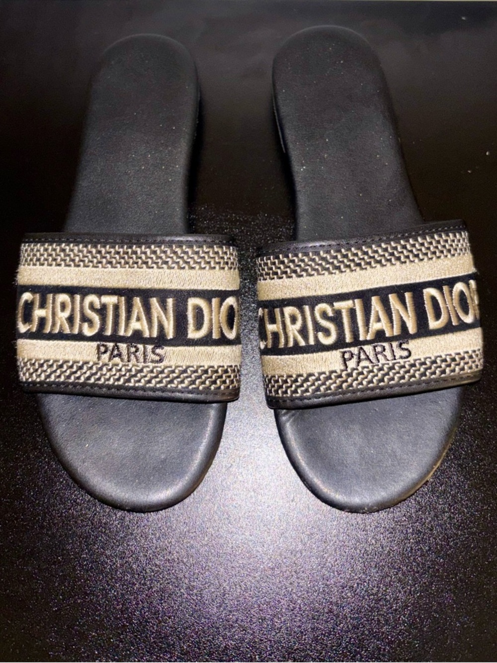 Black and Beige Logo Slide Sandals
